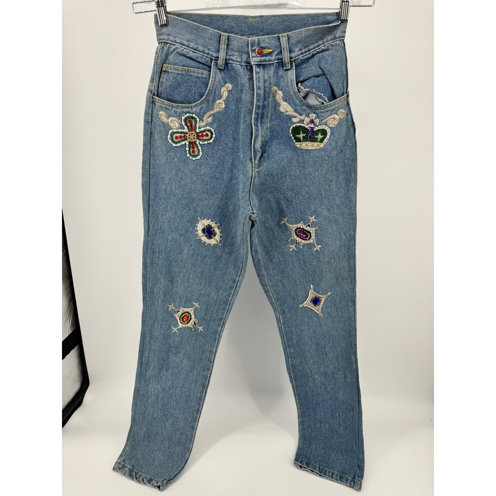 Vintage Cedars Denim Jacket Jeans Set Jeweled Beaded Women 28 Blue Crown - Picture 4 of 16